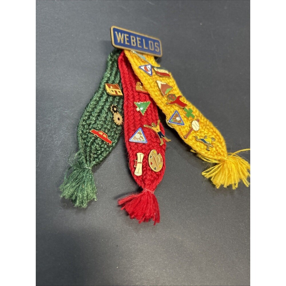 Vintage Webelos Tri Colored Ribbon 19 Award Pins Boy Scouts of America BSA